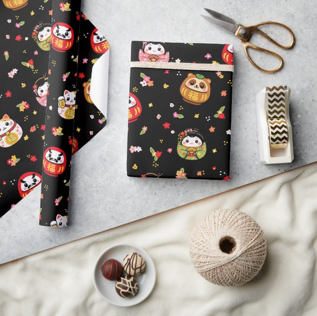 Papel De Presente padrão kawaii daruma (Artesanato)