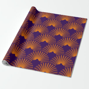 Papel De Presente Padrão laranja art-deco sobre fundo roxo profundo