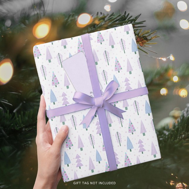 Papel De Presente Padrão Lavanda Azul das Árvores de Natal Modernas (Criador carregado)