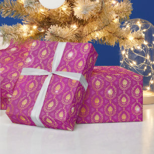 Papel De Presente Padrão Luxuoso Ornamental Rosa e Dourado com Brilh