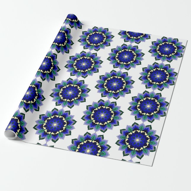 Papel De Presente Padrão Mandala 02 em azul escuro (Desenrolado)