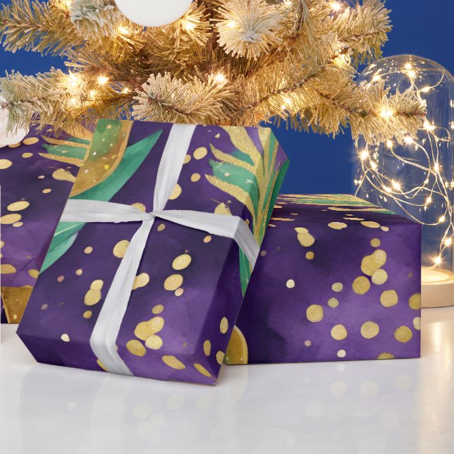 Papel De Presente Padrão Mardi Gras em Roxo, Verde e Dourado (Feriados)