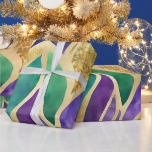 Papel De Presente Padrão Mardi Gras Roxo, Verde e Dourado