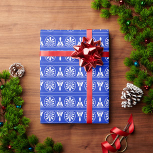 Papel De Presente Padrão Mediterrâneo Arabesco Grego Azul