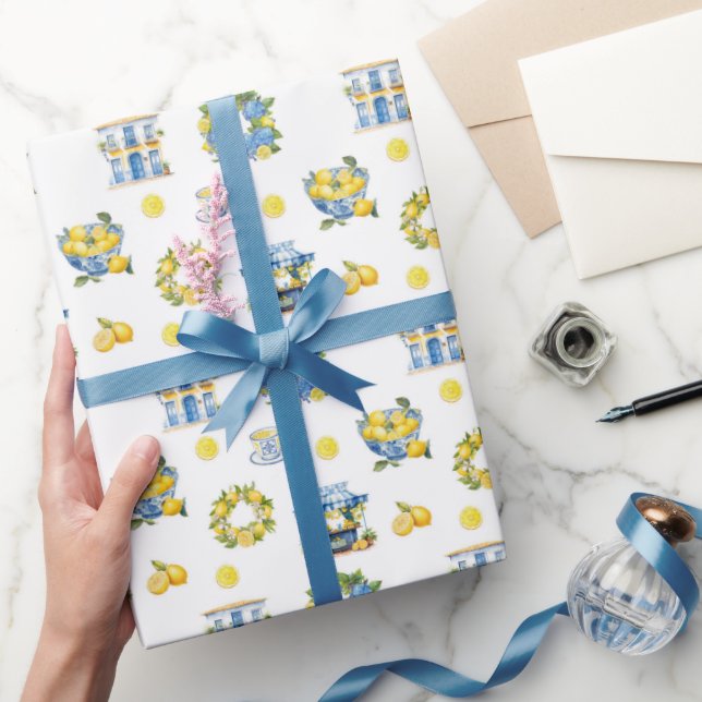 Papel De Presente Padrão mediterrânico de limão de Verão (Presentear)