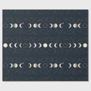 Papel De Presente Padrão Minimalista de Fases Lunares com Estrelas e