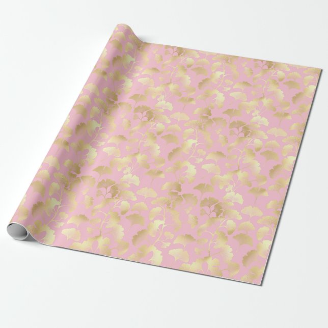 Papel De Presente Padrão Mínimo de Folha de Ouro em Fundo Rosa Suave (Desenrolado)