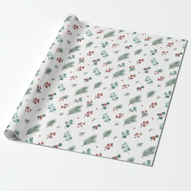 Papel De Presente Padrão Mínimo de Natal, Pinheiro & Frutas (Desenrolado)