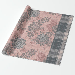 Papel De Presente Padrão Misto Floral e Xadrez Vintage