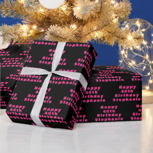 Papel De Presente Padrão Moderno Cor-de-Rosa Preto do Nome da Parte 