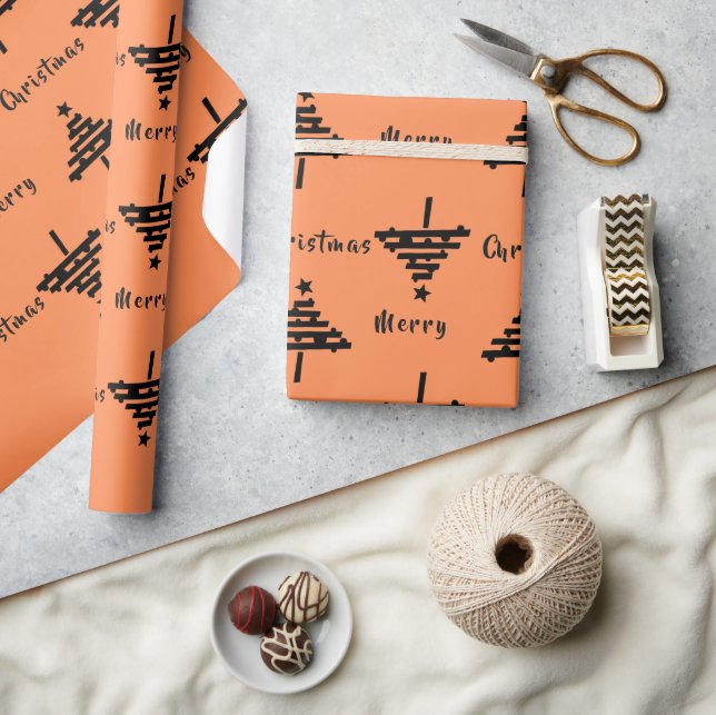 Papel De Presente Padrão Moderno de Árvore de Natal Laranja Preto Fe (Artesanato)