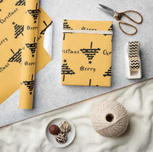 Papel De Presente Padrão Moderno de Árvore de Natal Preto Amarelo Fe