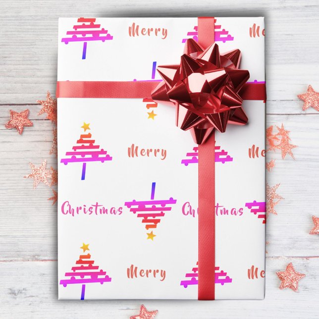 Papel De Presente Padrão Moderno de Árvore de Natal Rosa Arco-Íris F (Criador carregado)
