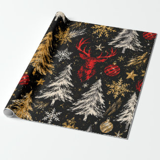 Papel De Presente Padrão Moderno de Floresta de Natal Preto e Dourad