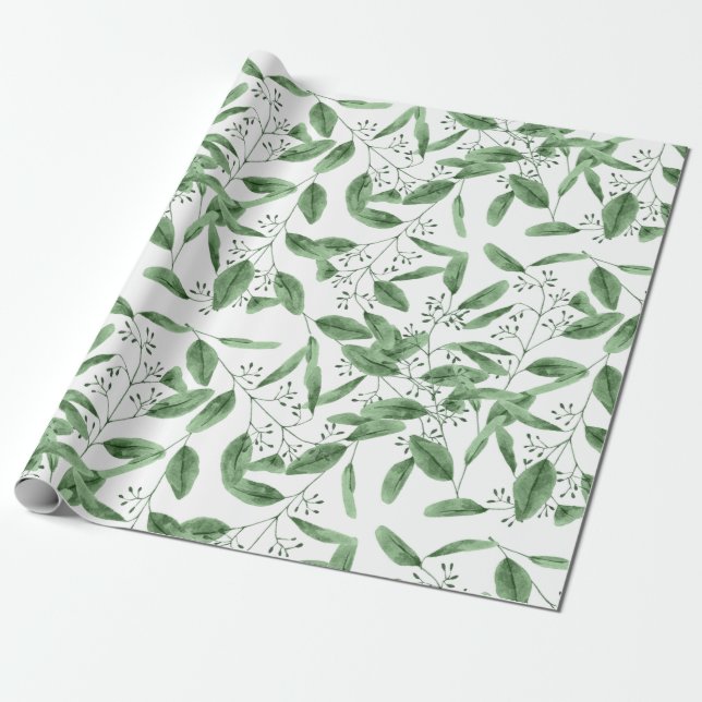 Papel De Presente Padrão Moderno de Folhas de Água Eucalipto Verde (Desenrolado)