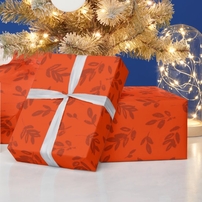 Papel De Presente Padrão Moderno de Laranja e Botânica Vermelha (Feriados)