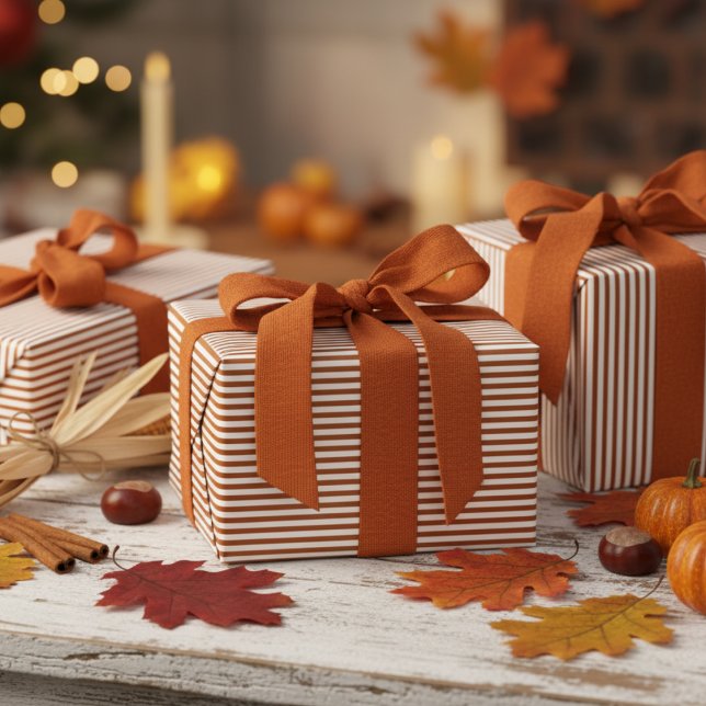 Papel De Presente Padrão Moderno de Laranja Queimado e Listras Branc (Modern & Classic Burnt Orange Wrapping Paper. Trendy Navy Blue & White Chic Stripes Pattern)