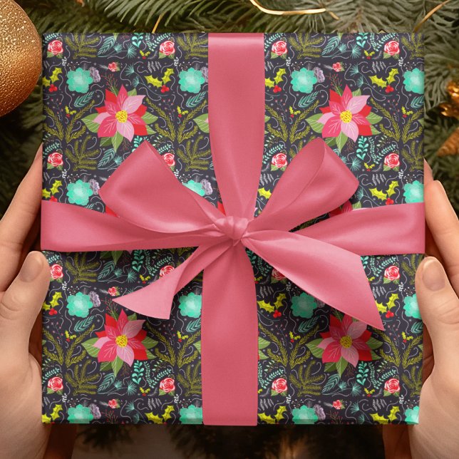 Papel De Presente Padrão moderno de Poinsettia de Natal (Criador carregado)