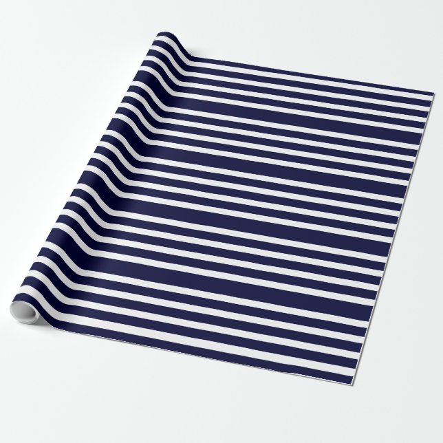 Papel De Presente Padrão Moderno de Stripes marinho Azul E Branco (Desenrolado)