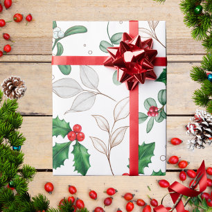 Papel De Presente Padrão Moderno Elegante de Azevinho Verde de Inver