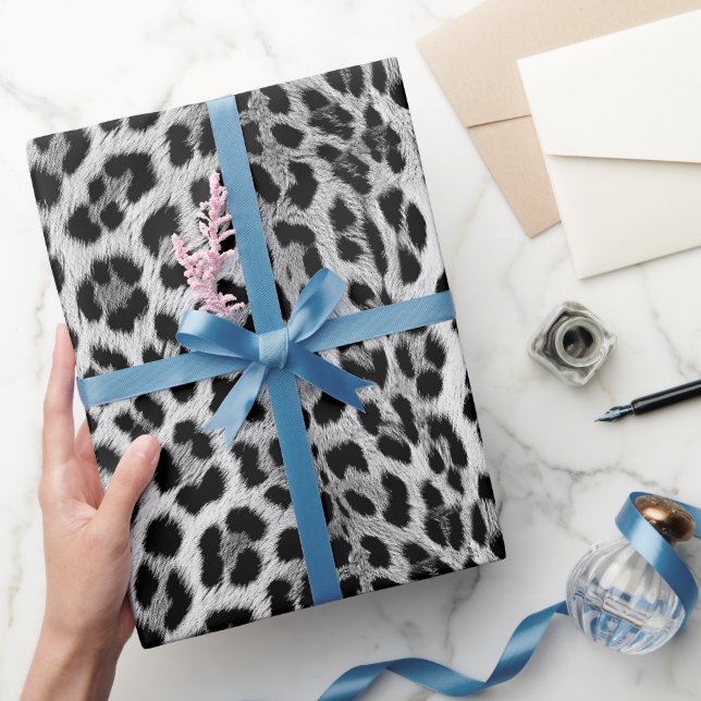 Papel De Presente Padrão monocromático preto e branco, leopardo (Presentear)