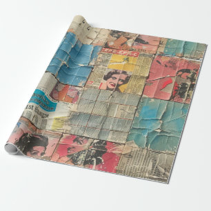 Papel De Presente Padrão Mosaico de Jornal de Mulheres Retrô