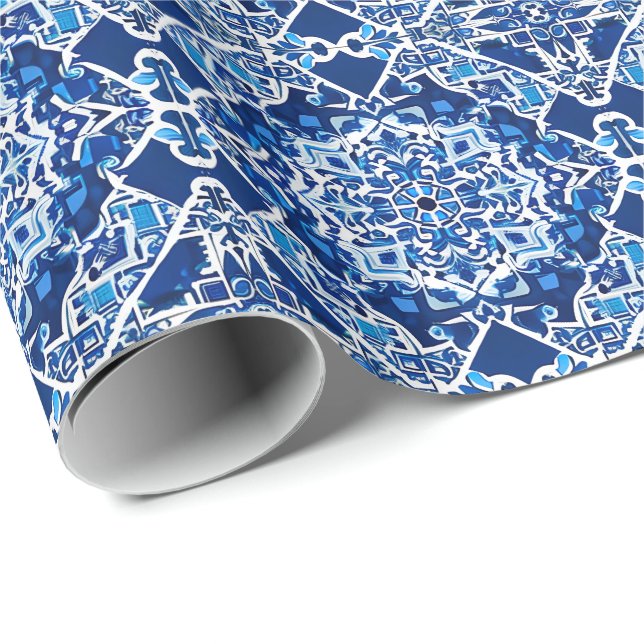 Papel De Presente Padrão Mosaico em Azul Índigo e Cobalto (Ponta do rolo)