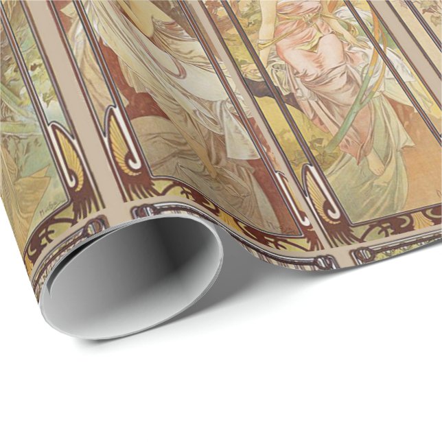 Papel De Presente Padrão Mucha Art Nouveau Antigo Tempos do Dia (Ponta do rolo)