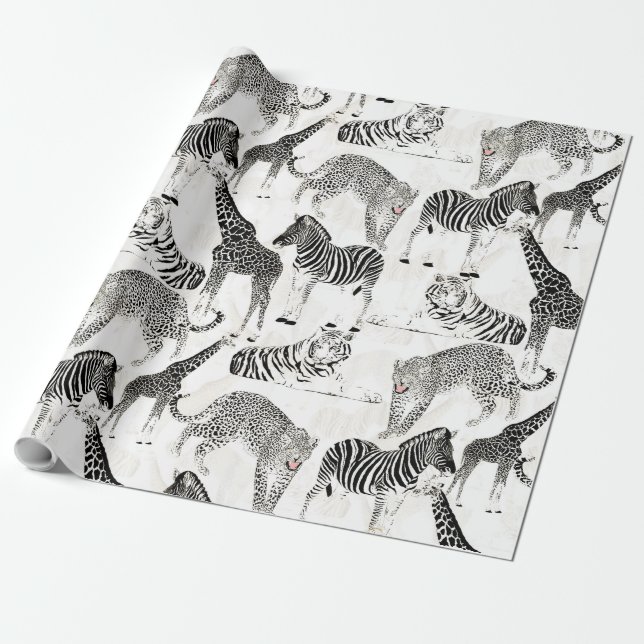Papel De Presente Padrão na moda Negro e Selva Branca de Animais (Desenrolado)