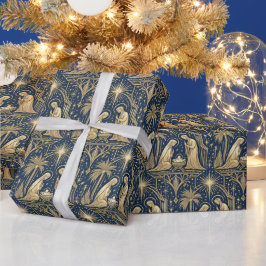 Papel De Presente Padrão Natalino em Dourado Art Déco sobre Azul Mar