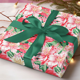 Papel De Presente Padrão Natalino Floral de Inverno Colorido e Elega