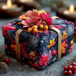 Papel De Presente Padrão Natalino Floral e de Pinheiro em Tonalidade