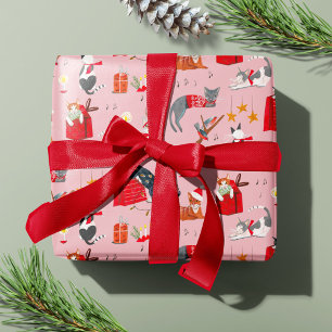 Papel De Presente Padrão Natalino Rosa Gatinho Fofo Retro