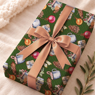 Papel De Presente Padrão Natalino Verde Festivo Retro