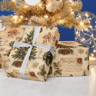 Papel De Presente Padrão Natalino Vintage de Papai Noel e Azevinho