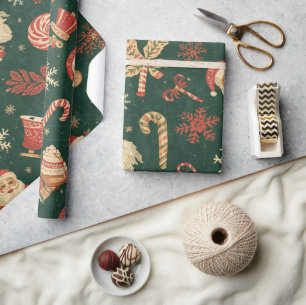 Papel De Presente Padrão Natalino Vintage em Verde