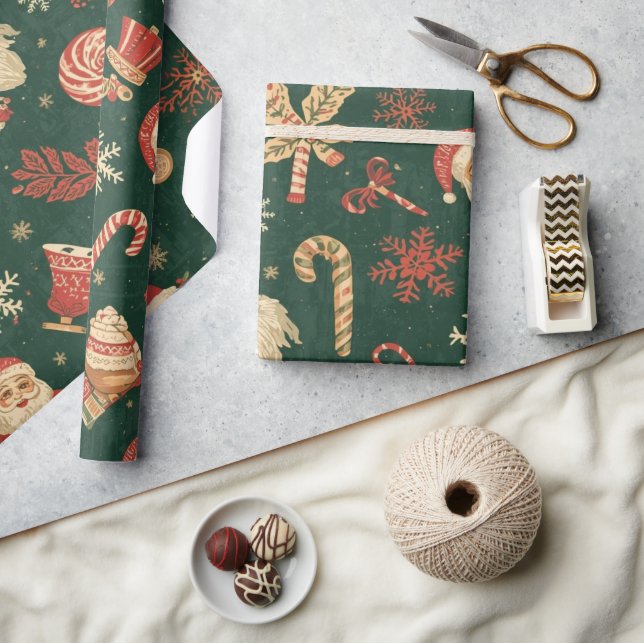 Papel De Presente Padrão Natalino Vintage em Verde (Artesanato)