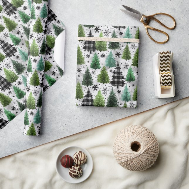 Papel De Presente Padrão Natalino Xadrez e Houndstooth Verde e Preto (Artesanato)
