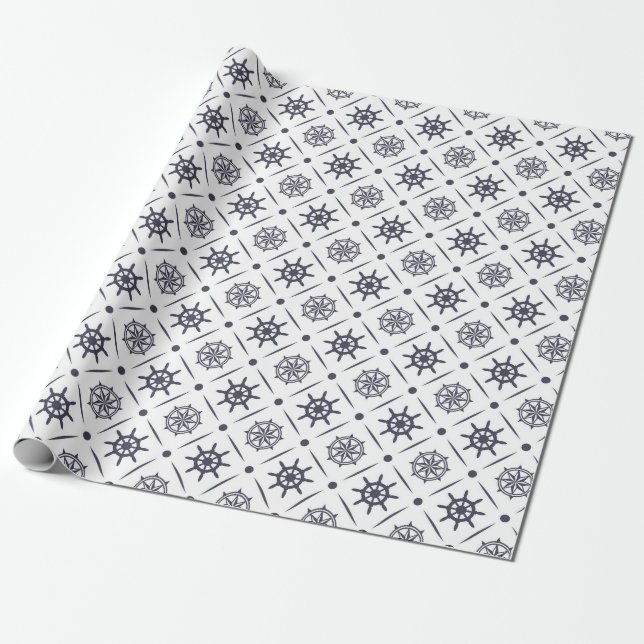 Papel De Presente Padrão náutico com roda de vela e bússola (Desenrolado)