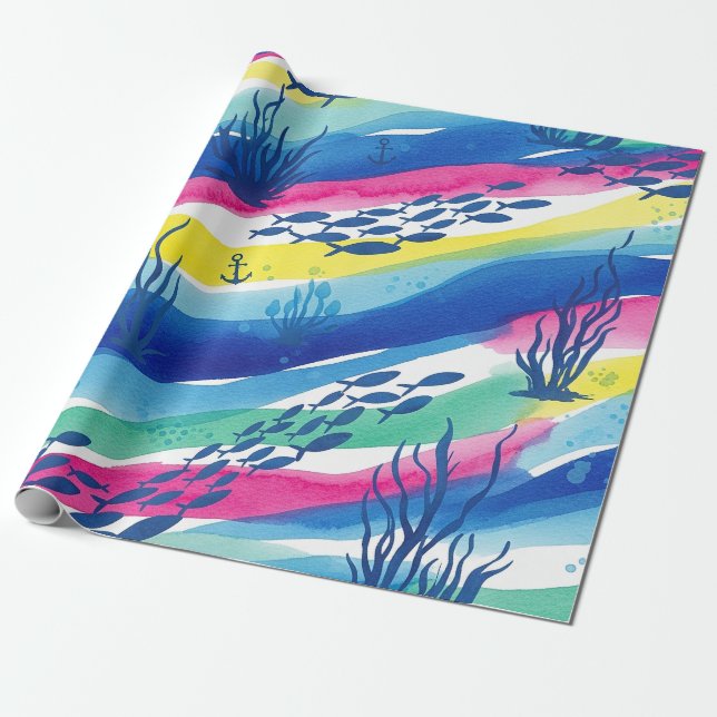 Papel De Presente Padrão Náutico de Aquarela Retro (3) (Desenrolado)