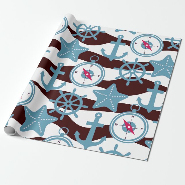 Papel De Presente Padrão Náutico de Verão (Desenrolado)