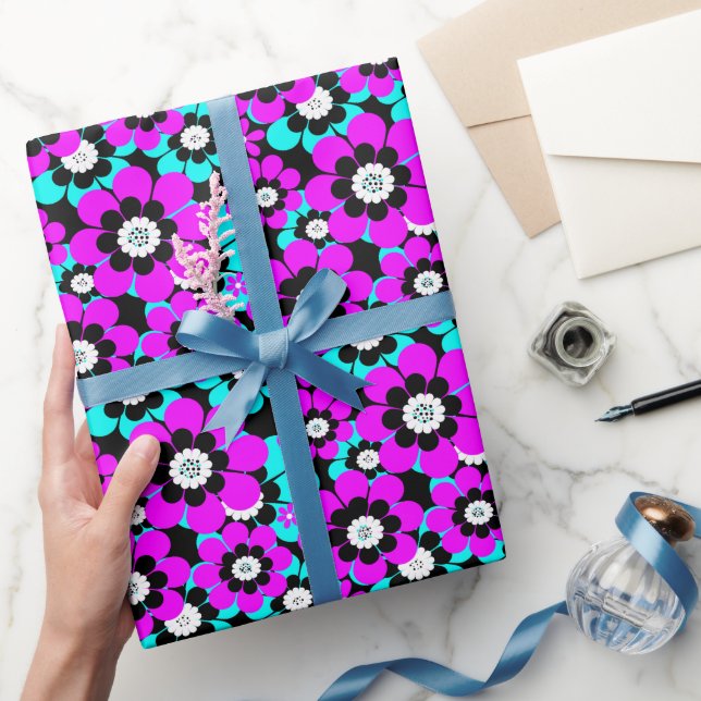 Papel De Presente Padrão Neon Floral Roxo e Flores Turquesa  (Presentear)