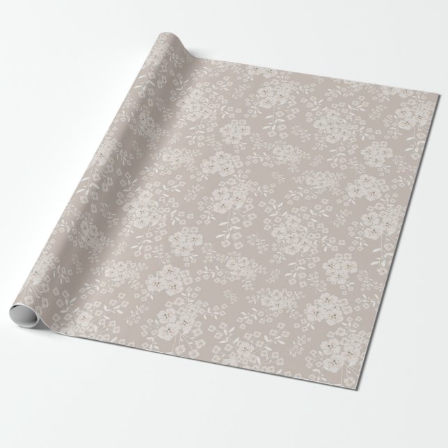 Papel De Presente Padrão Neutro de Flor Selvagem de Beige (Desenrolado)