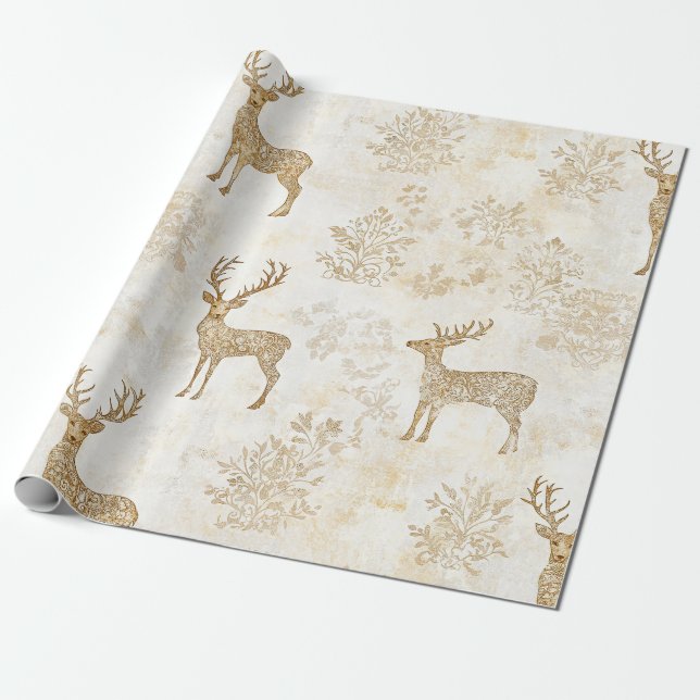 Papel De Presente Padrão Neutro de Veado da Floresta (Desenrolado)