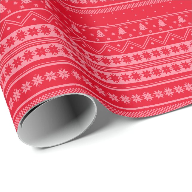 Papel De Presente Padrão Nórdico De Natal Vermelho E Rosa (Ponta do rolo)