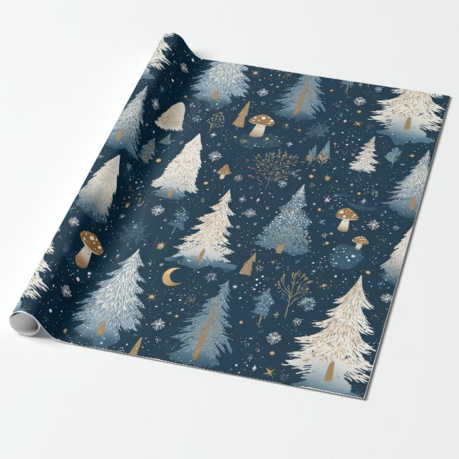 Papel De Presente Padrão Noturno da Floresta de Inverno Encantada (4 (Desenrolado)