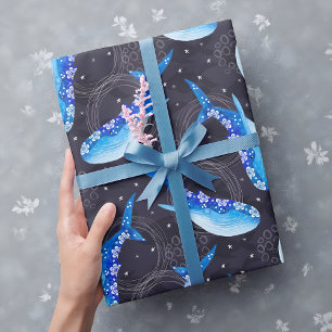 Papel De Presente Padrão Noturno de Baleia Azul Celestial