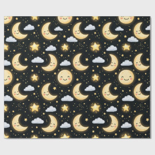 Papel De Presente Padrão Noturno de Lua e Estrelas Fofos