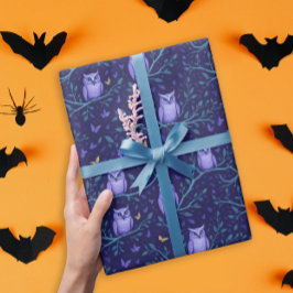 Papel De Presente Padrão Noturno de Madeira com Aves de Coruja Roxa