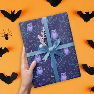 Papel De Presente Padrão Noturno de Madeira com Aves de Coruja Roxa